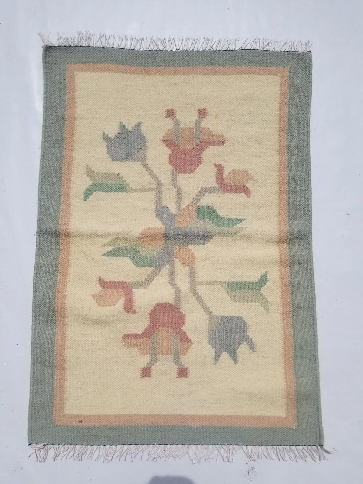 Vintage Handmade Traditional Geometric Beige Cyan Kilim Rug Carpet 2.6×1.8ft
