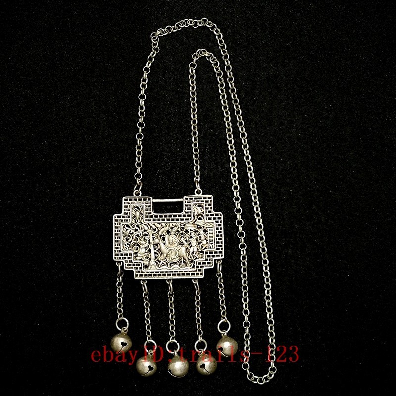 2.4 Inch Old Chinese Tibet Silver Carving Landscape People Necklace Pendant Gift