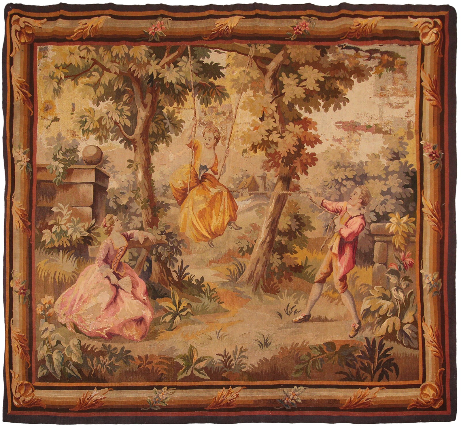 6×7 Antique French Handmade Tapestry Wool & Silk Large 178cm x 203cm c.1890