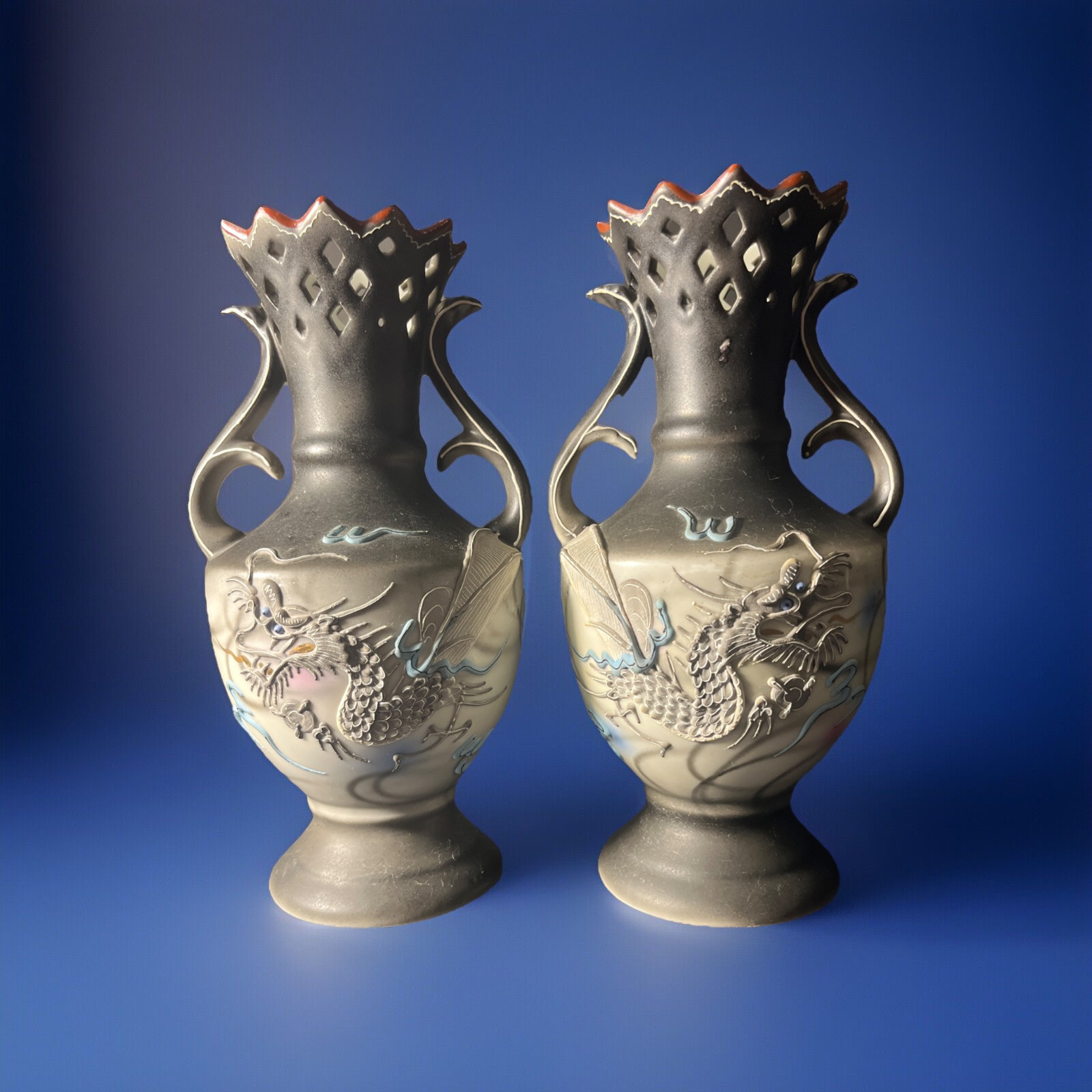 Pair of Antique Moriage Dragonware Vases 254 Hand painted Japan Dragon Relief