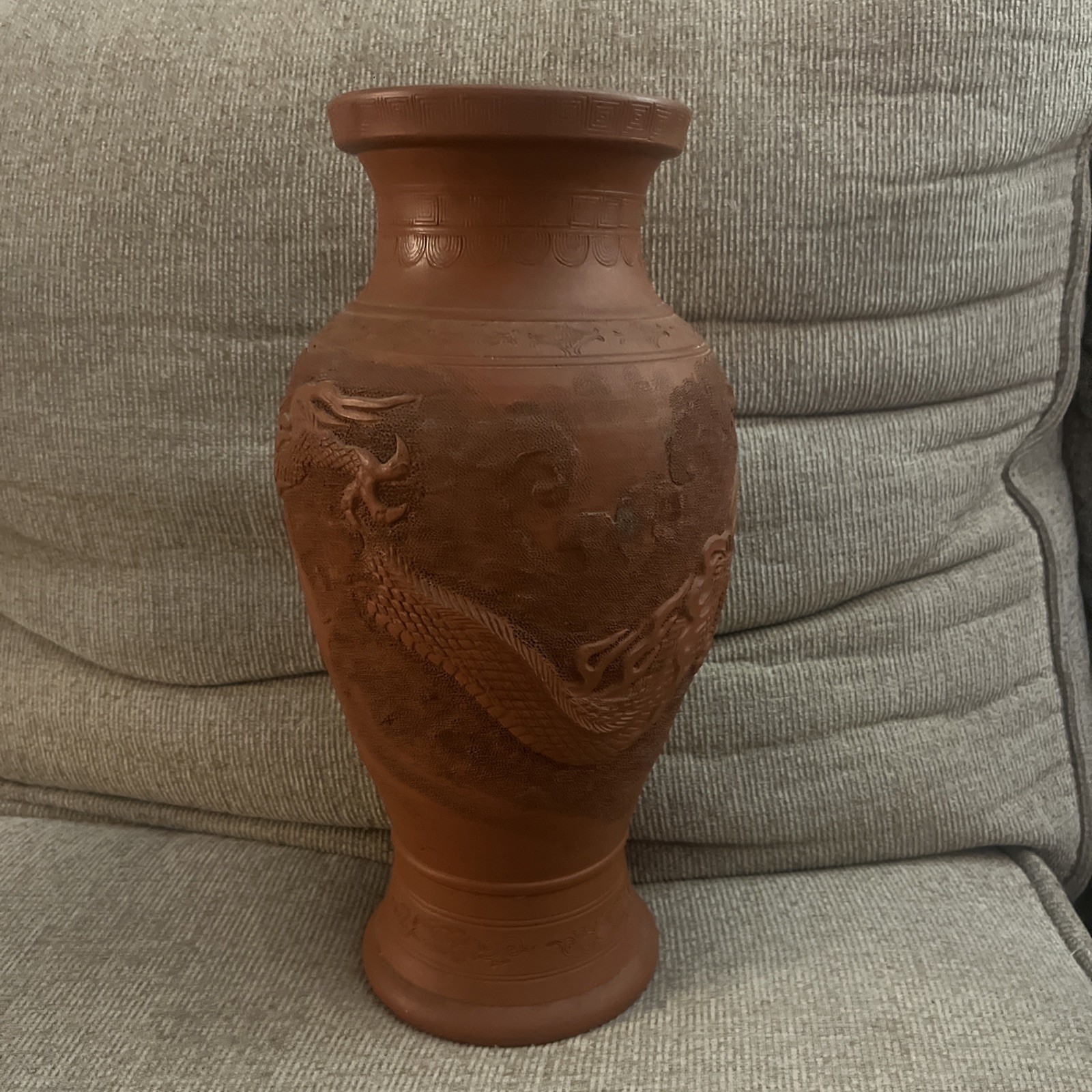 Japanese Tokoname Redware Dragon Vase Late Meiji/Taisho Era ~12″ Signed Vase