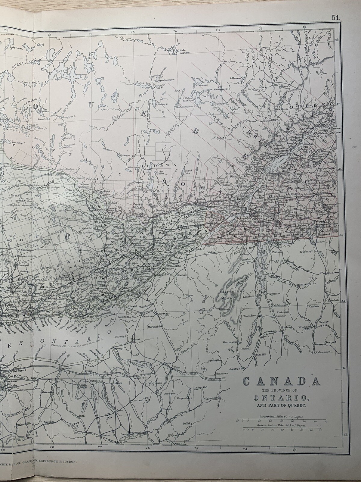 1882 ONTARIO & WEST QUEBEC ANTIQUE COLOUR MAP BY W.G. BLACKIE 138 YEARS OLD
