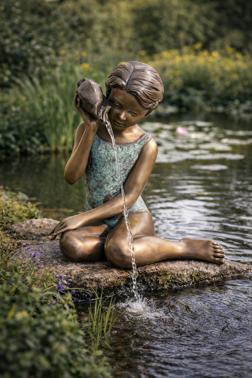 Bronze Water Feature Fountain – Girl Listening To Shell 46cm Aged Garden Statue