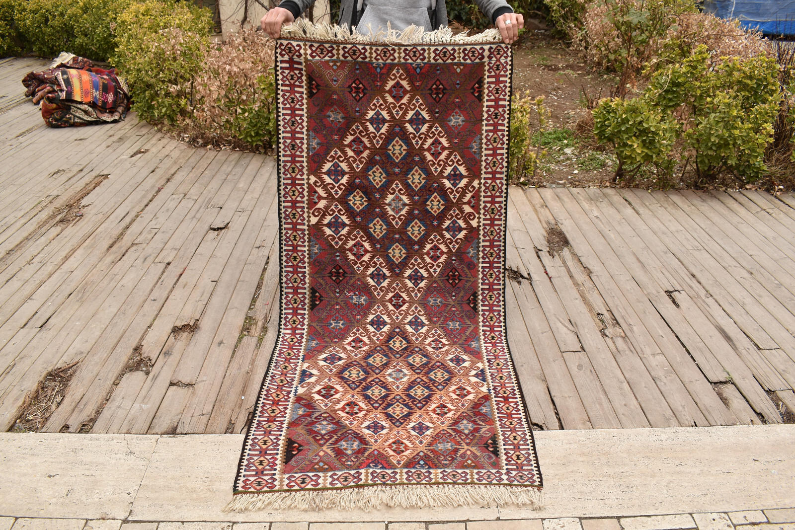 Turkish Rug 34”x74” Handwoven Van Kilim 88x190cm Wool Vintage Tribal Arearug