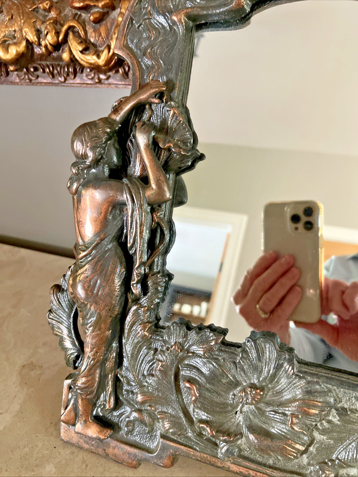 VINTAGE ART NOUVEAU VANITY TABLE MIRROR / CAST IRON w/ COPPER FINISH 17″H x 13″W