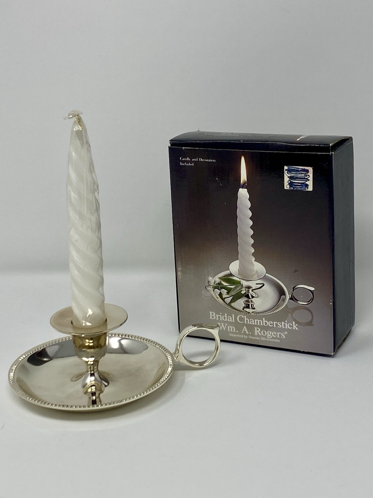 Wm A Rogers Bridal Chamberstick Silver Plated Candle Holder Finger Loop With Box