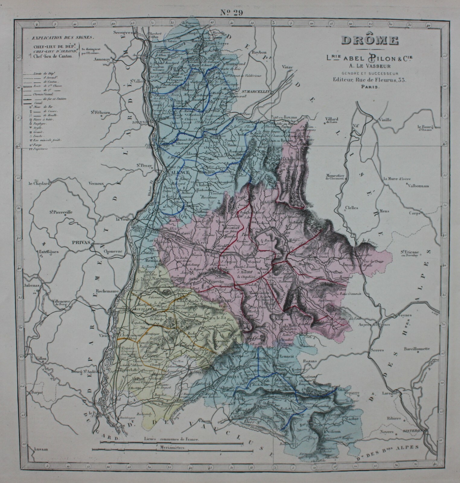 DROME, VALENCE, FRANCE, original antique map, Lorsignol, Le Vasseur, 1877