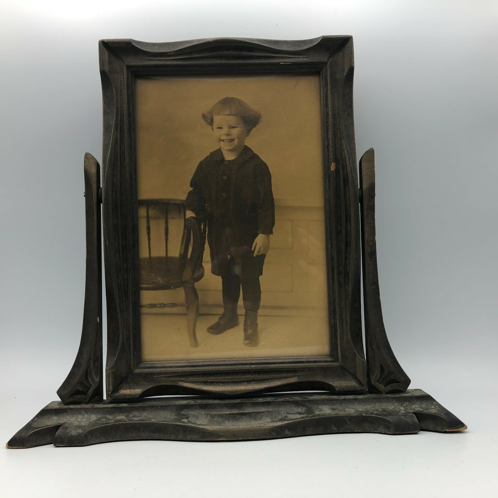 Swivel Wood Frame Child Photograph Photo BACH Milwaukee Vintage Antique Tabletop