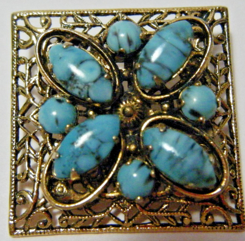 Vtg Button Metal Filigree Square Turquoise Cabochons Pronged Stones metal shank