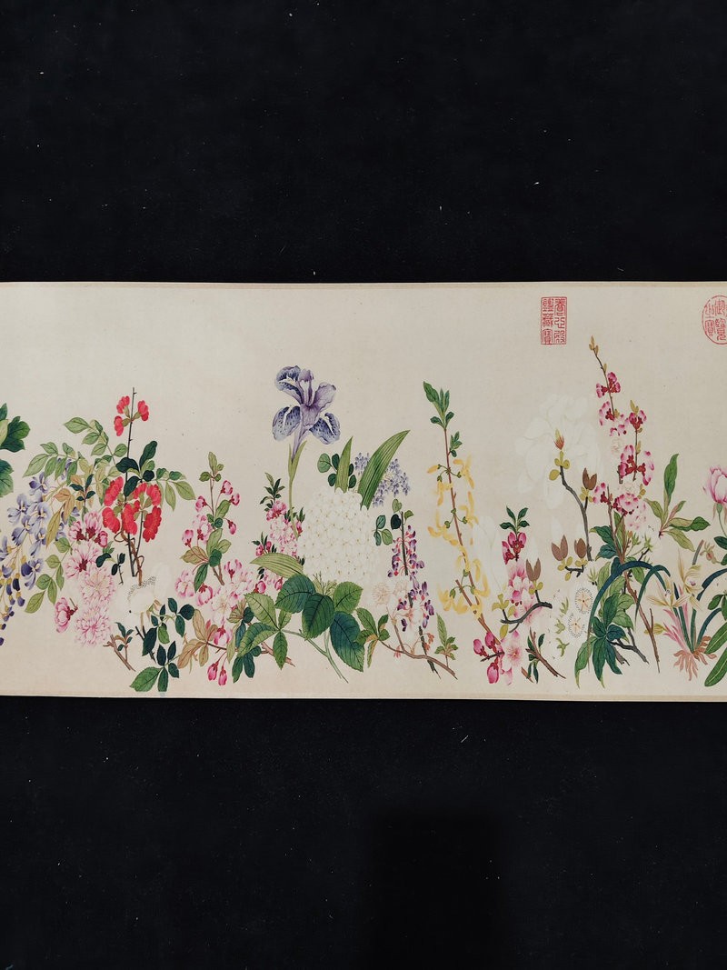 87in Chinese Long Scrolls Painting Rice Paper Flower By Qian Weicheng 钱维城 万有同春