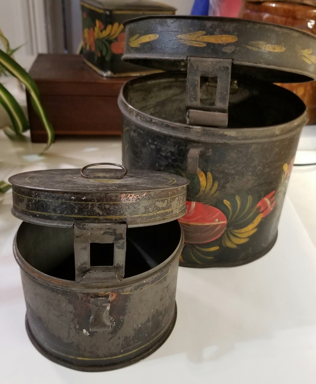 2 vintage large 6″ & 4″ 19thc antique toleware tole tin painted spice tea boxes