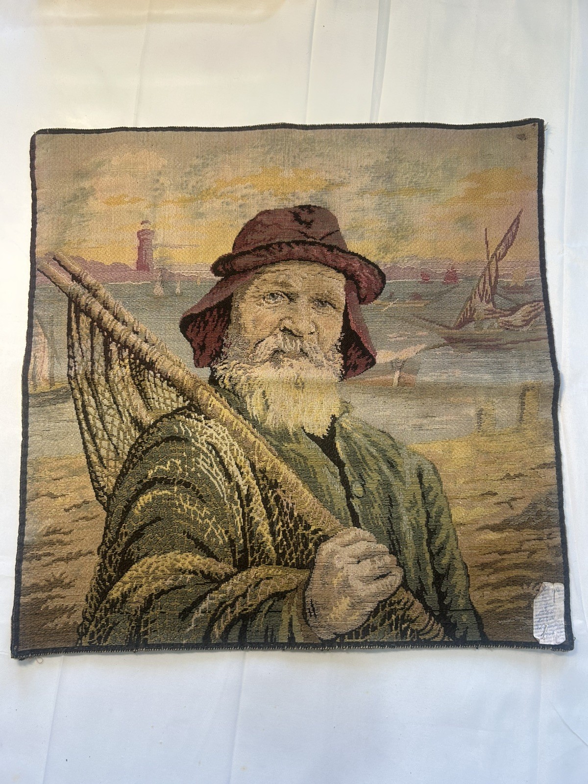 French Antique Aubusson Woven Tapestry. Needlepoint.Portrait Of Fisherman. Paris