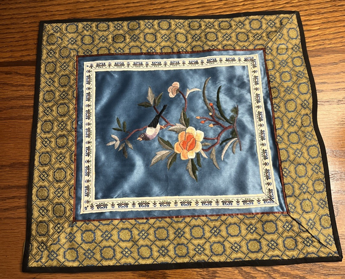Vintage Chinese Silk Embroidery Art Panel Floral & Bird 11”x 10″ Square Colorful