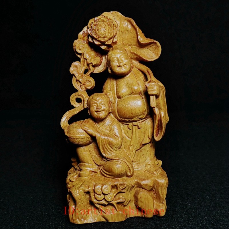 4 Inch Chinese Boxwood Wood carved Two Little Boys Statue Desk Decoration 合和二仙
