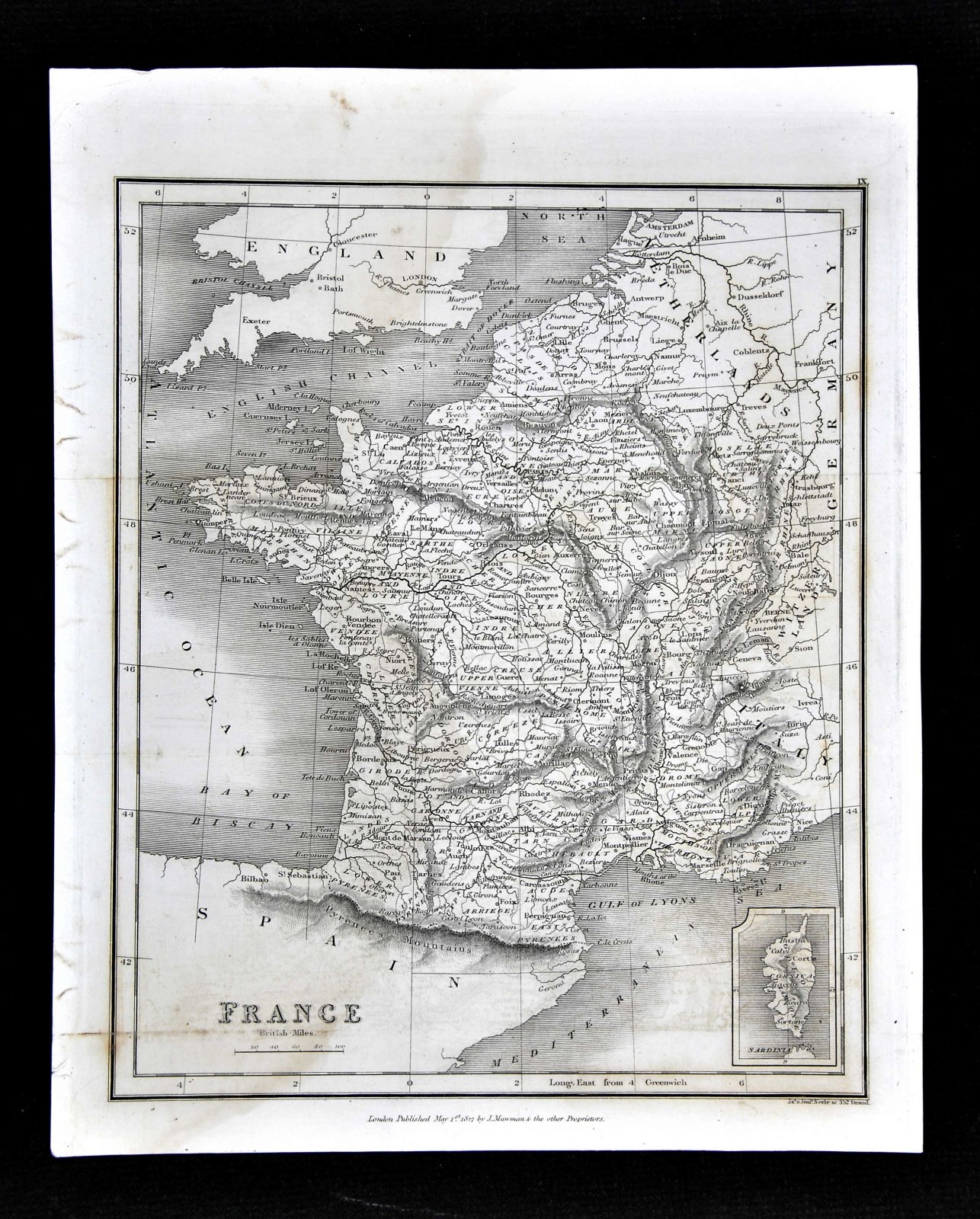 1827 Neele Map France Paris Marseille Bordeaux Tours Laon Orleans Mt Blanc Alps