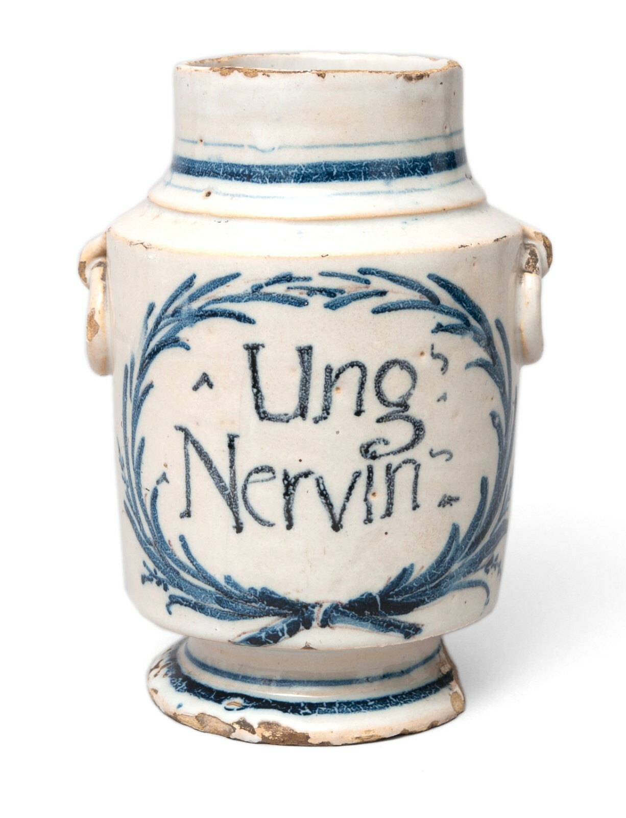 Antique Italian Faience Drug Jar – Blue & White Albarello c1750 – Ung Nervin