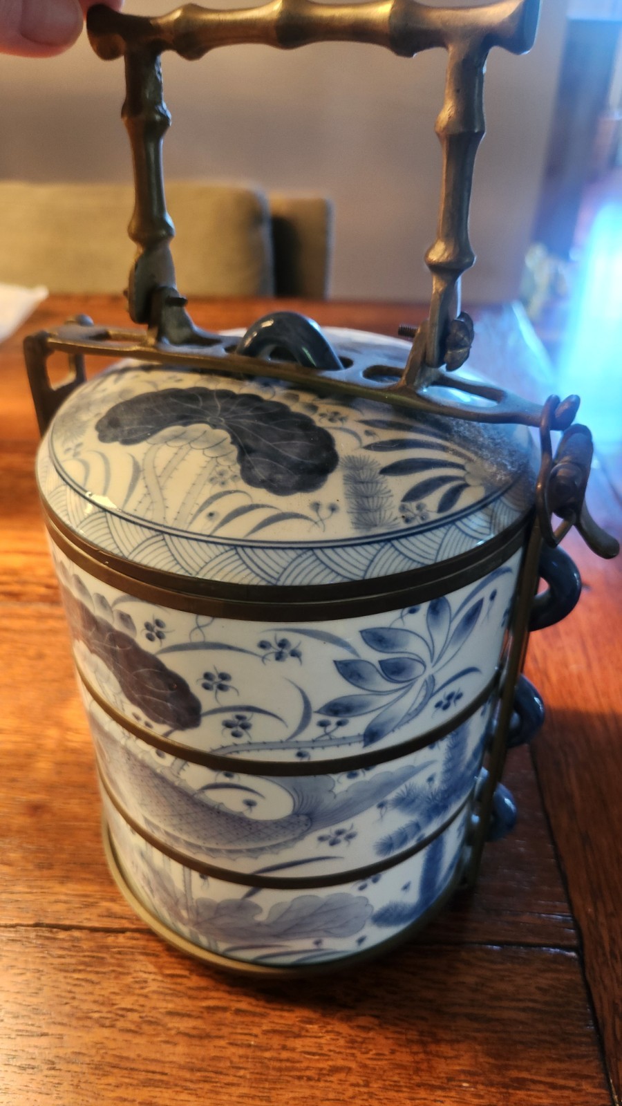 MAITLAND SMITH BLUE AND WHITE Tiered Porcelain Tiffin Box with Brass Carrier