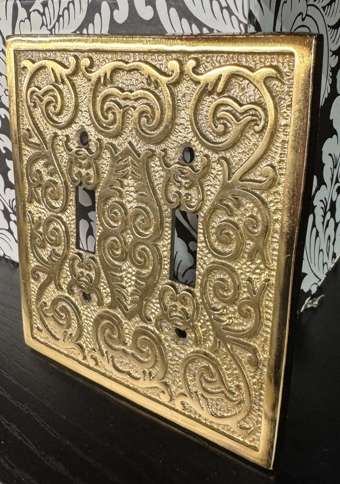 Metal Double Two 2 Toggle Light Switch Cover. Scroll Ornate wall plate Fleur DE