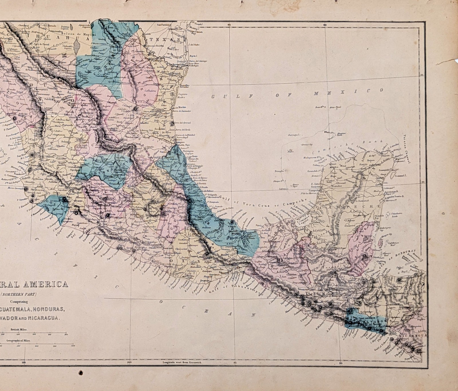 1875 MEXICO ~ CENTRAL AMERICA Map ORIGINAL El Salvador – Honduras – Guatemala