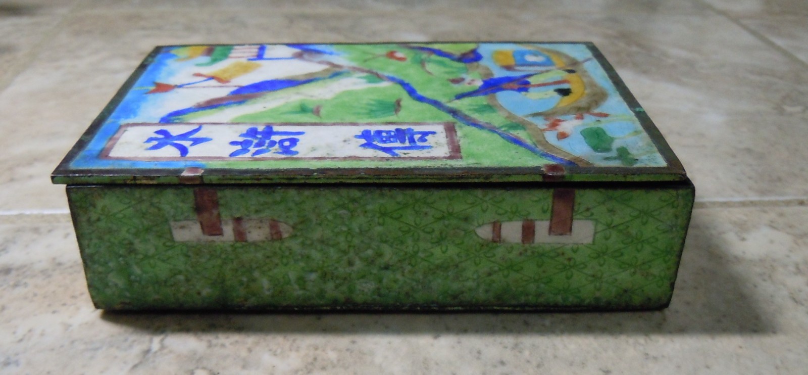 ANTIQUE CLOSIONNE ORIENTAL METAL LIDDED BOX 4 3/4″X3 1/2″X 1 “