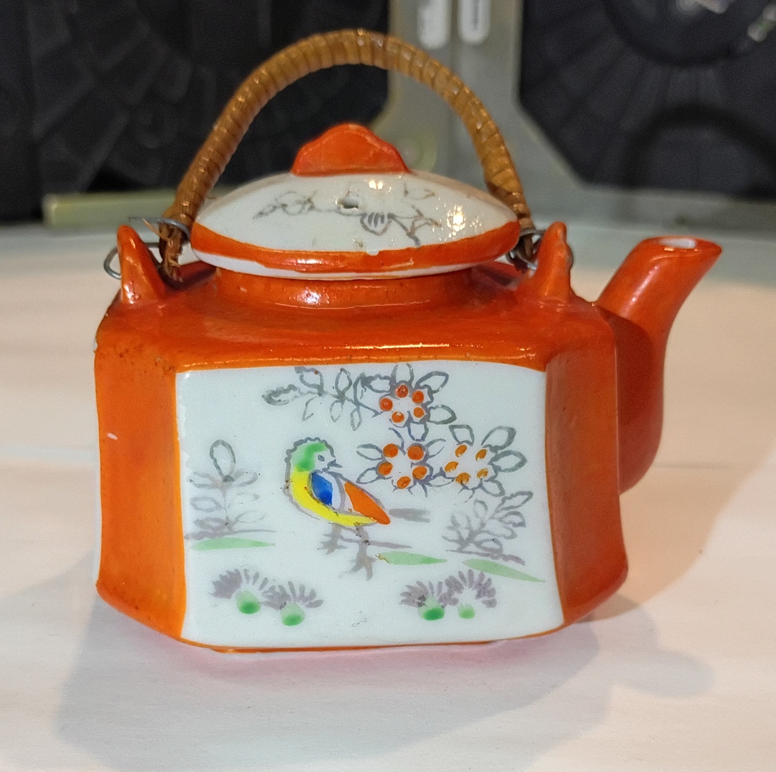 Vintage Minature Chinese Orange Octagonal Teapot w/ Bird & Floral Design