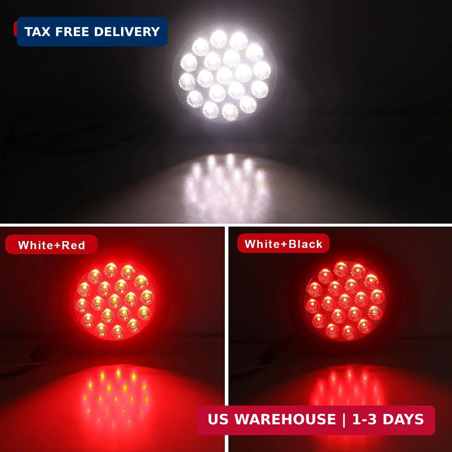 4Pcs 4″ Round Red Stop Turn Tail Lights to White Back-up Lights 19 LED, 4 Inch