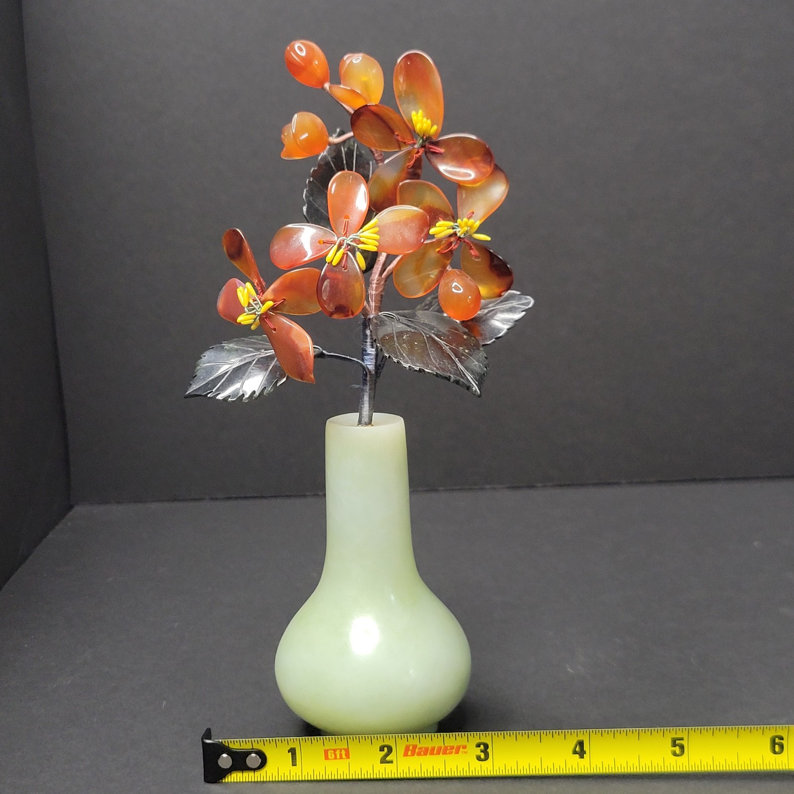 Chinese Agate Stone Jade Orange Red Glass Flower Floral Tree Marble Vase