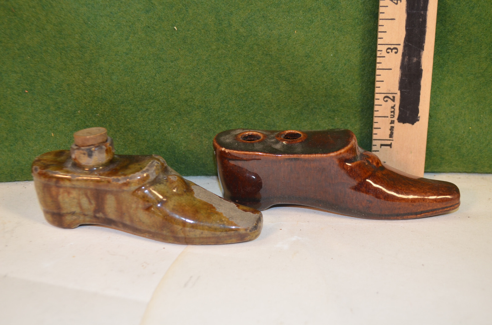 2 pottery shoe inkwells , American, mid 1800’s