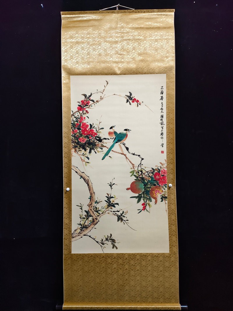 69in Chinese Old Painting Scroll Rice Paper Flower & Bird By Yan Bolong 颜伯龙 莲蒂双栖