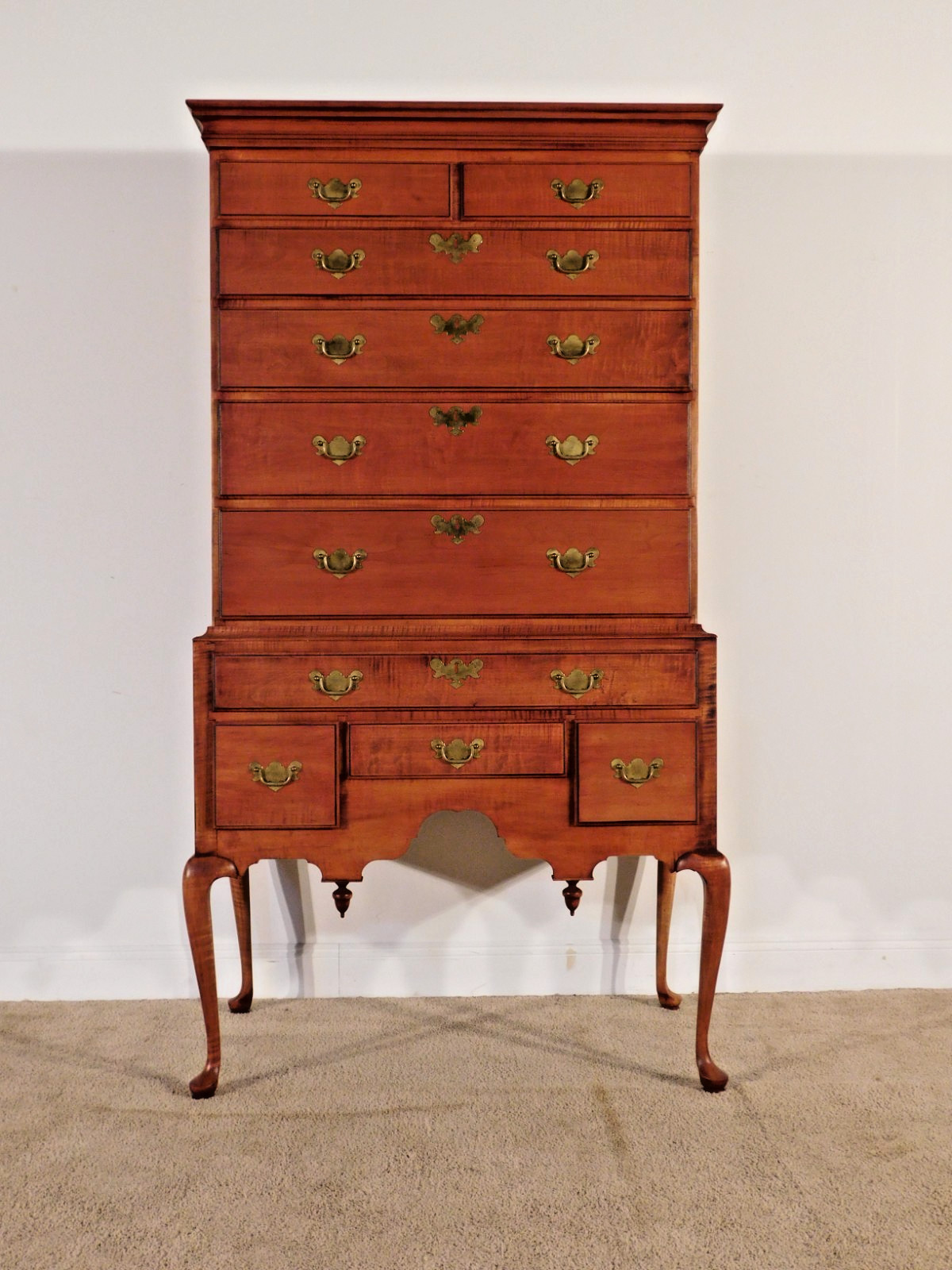 Ca. 1960s 2 Piece Tiger Maple Flat Top Queen Anne Highboy w/ Secret Drawer 73″ T