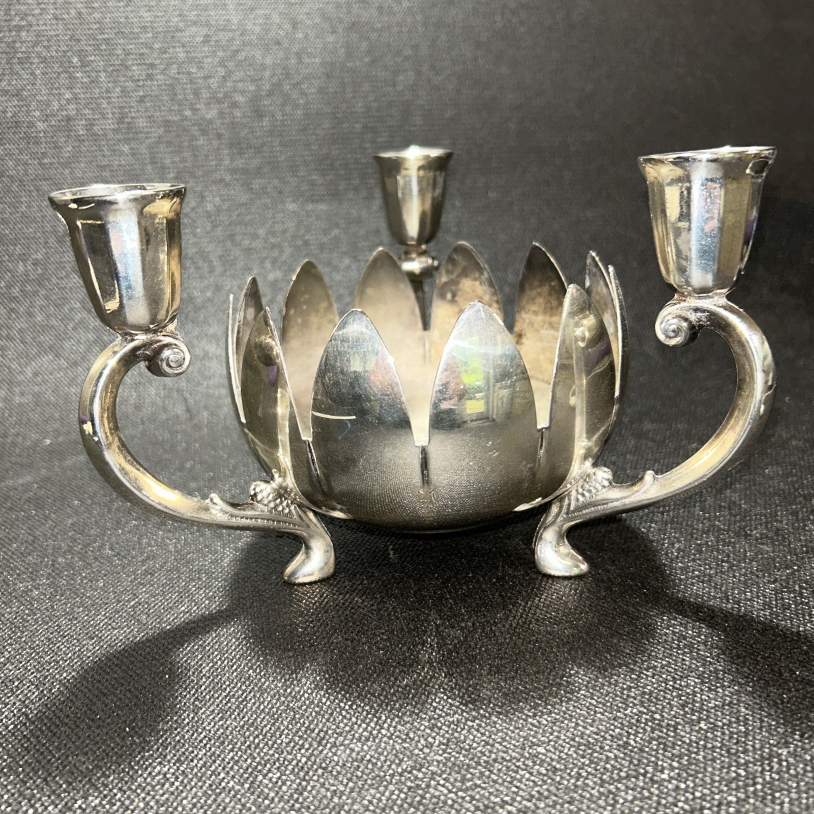 Vintage Candelabrum Silverplate Lotus Epergne 3-Arm Centerpiece Bowl Made Italy