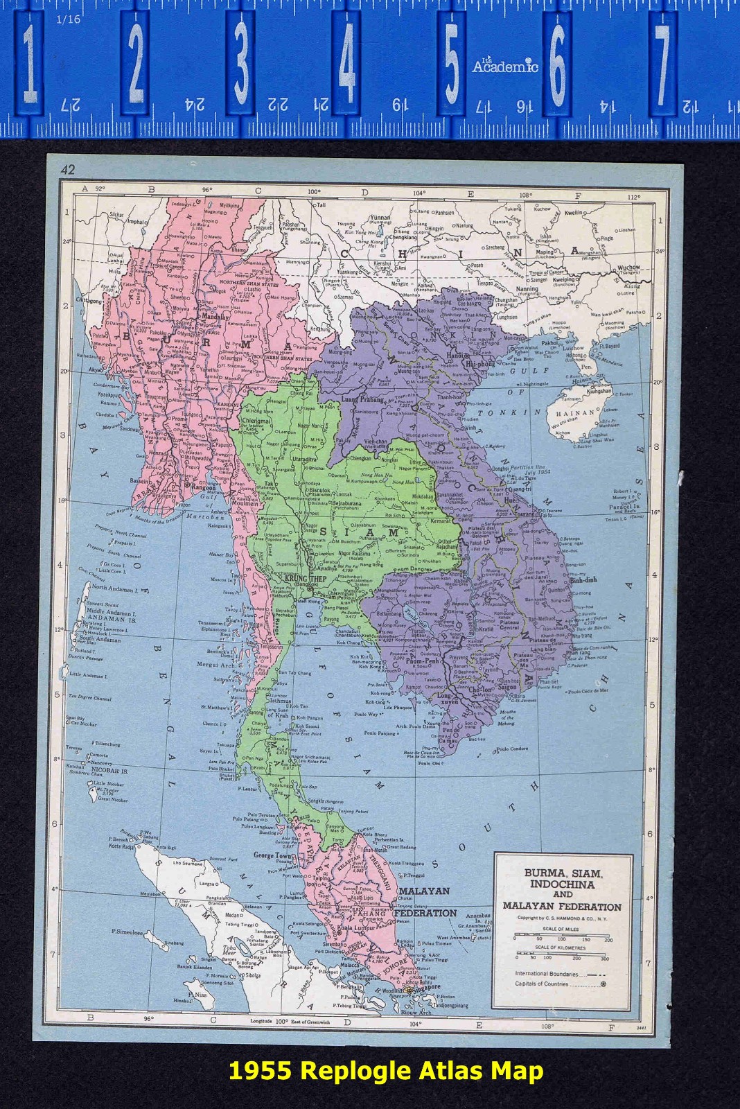 BURMA, SIAM (THAILAND), INDOCHINA & MALAYAN FEDERATION – 1955 Replogle Atlas Map