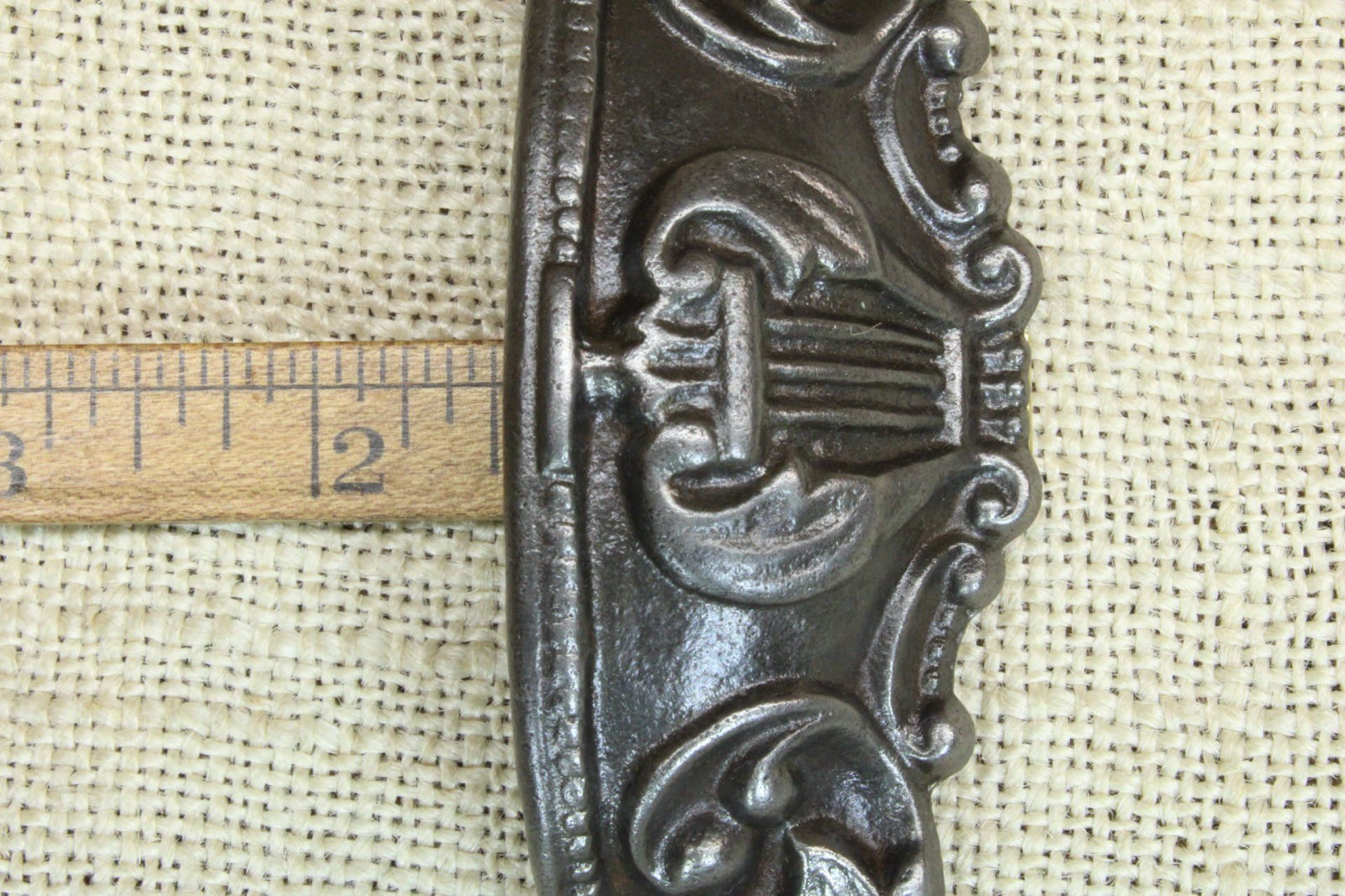 3 Old Bin Drawer Pulls Handles 4 1/4” Lyre Harp Ferns Cast Iron Vintage 1880’s