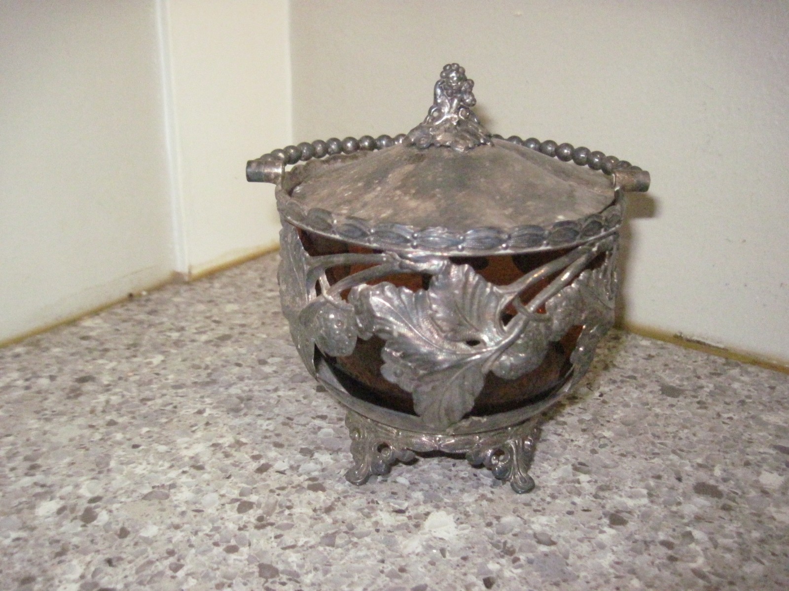 Antique Art Deco Ornate Silverplate Covered Berry Jar with Amber Glass Insert