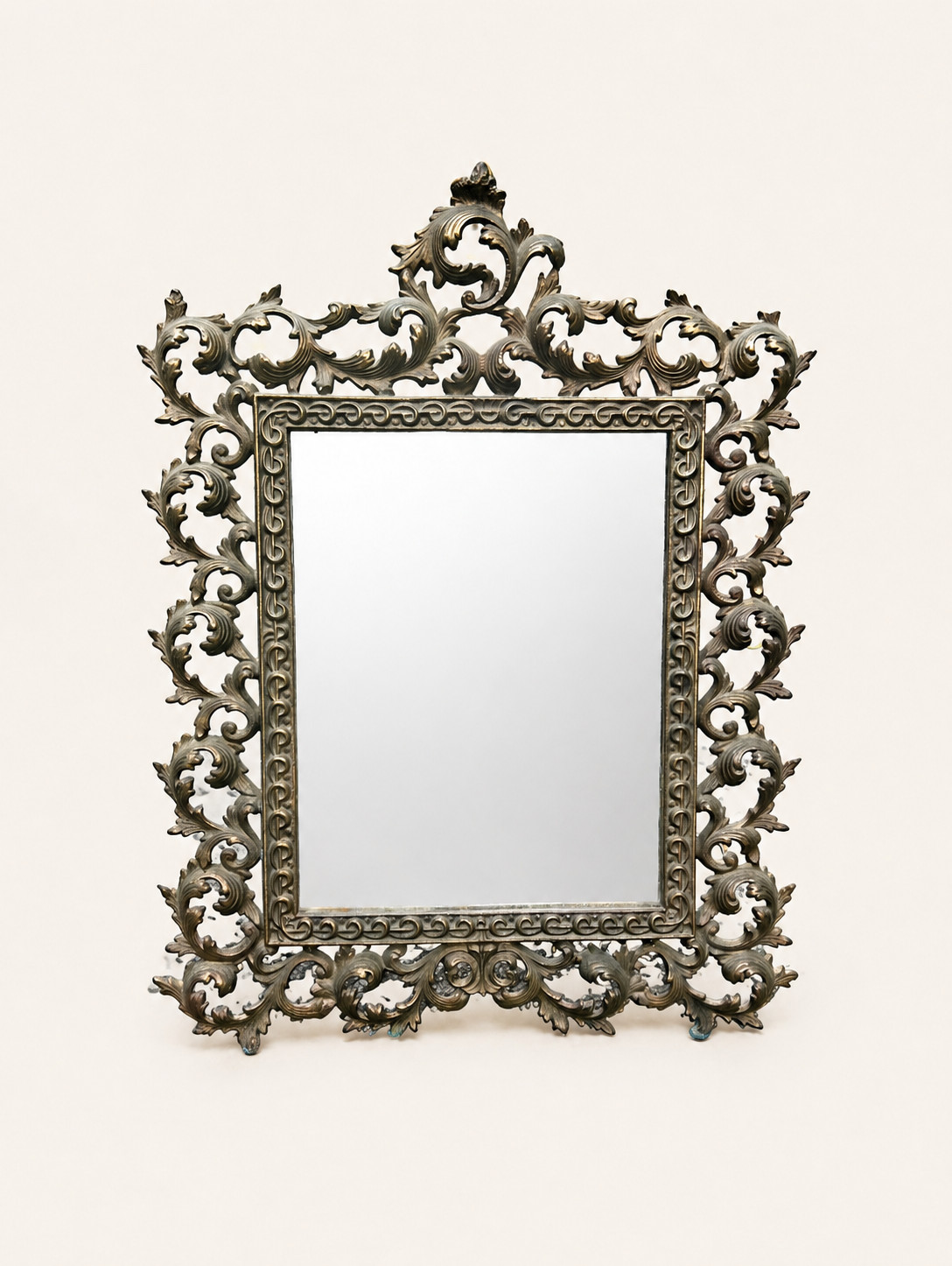 Antique Rococo Brass Vanity Mirror Easel Victorian Ornate Frame Foxed Glass