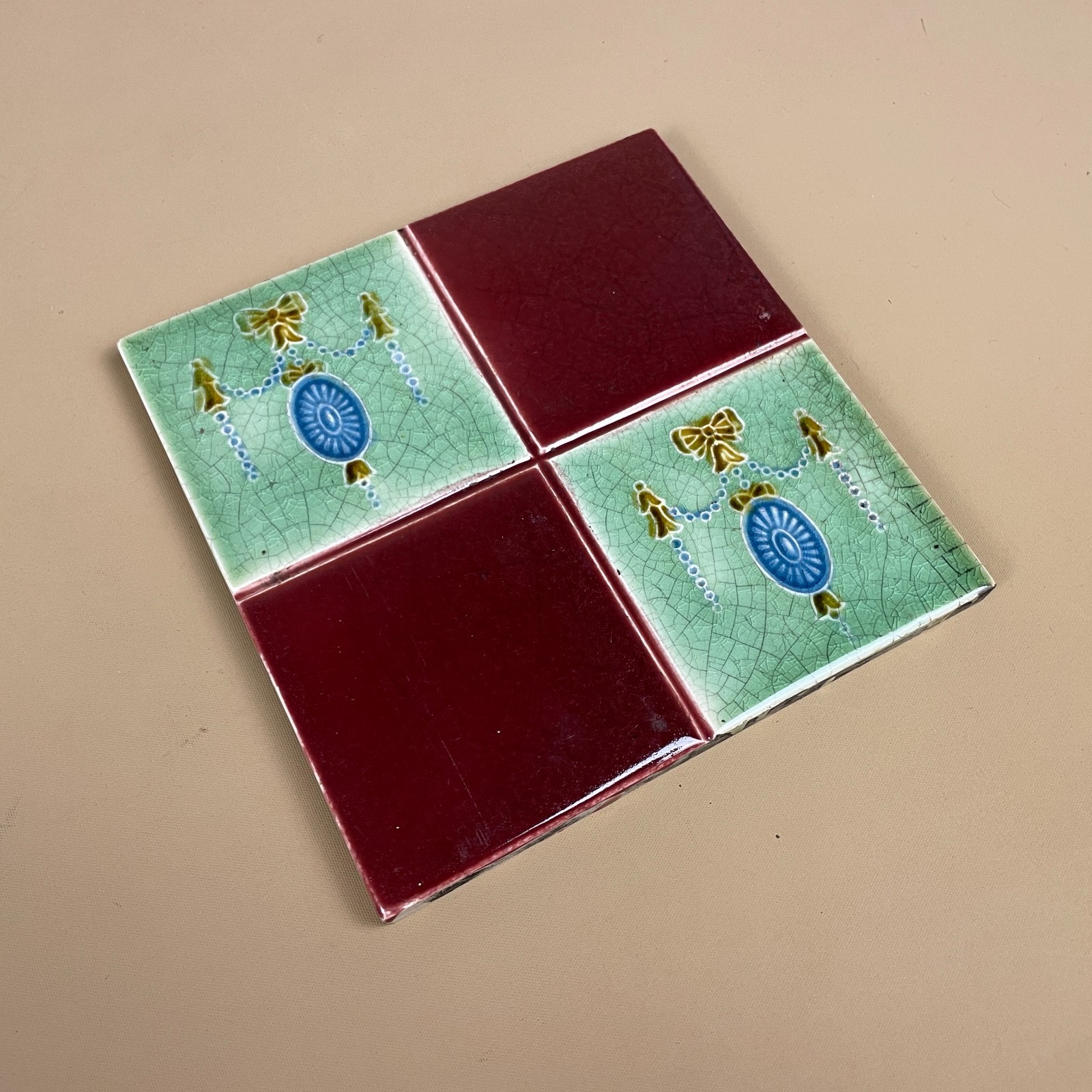 Antique Original Victorian Tile Ceramic Square Pattern Placemat Coaster Salvage