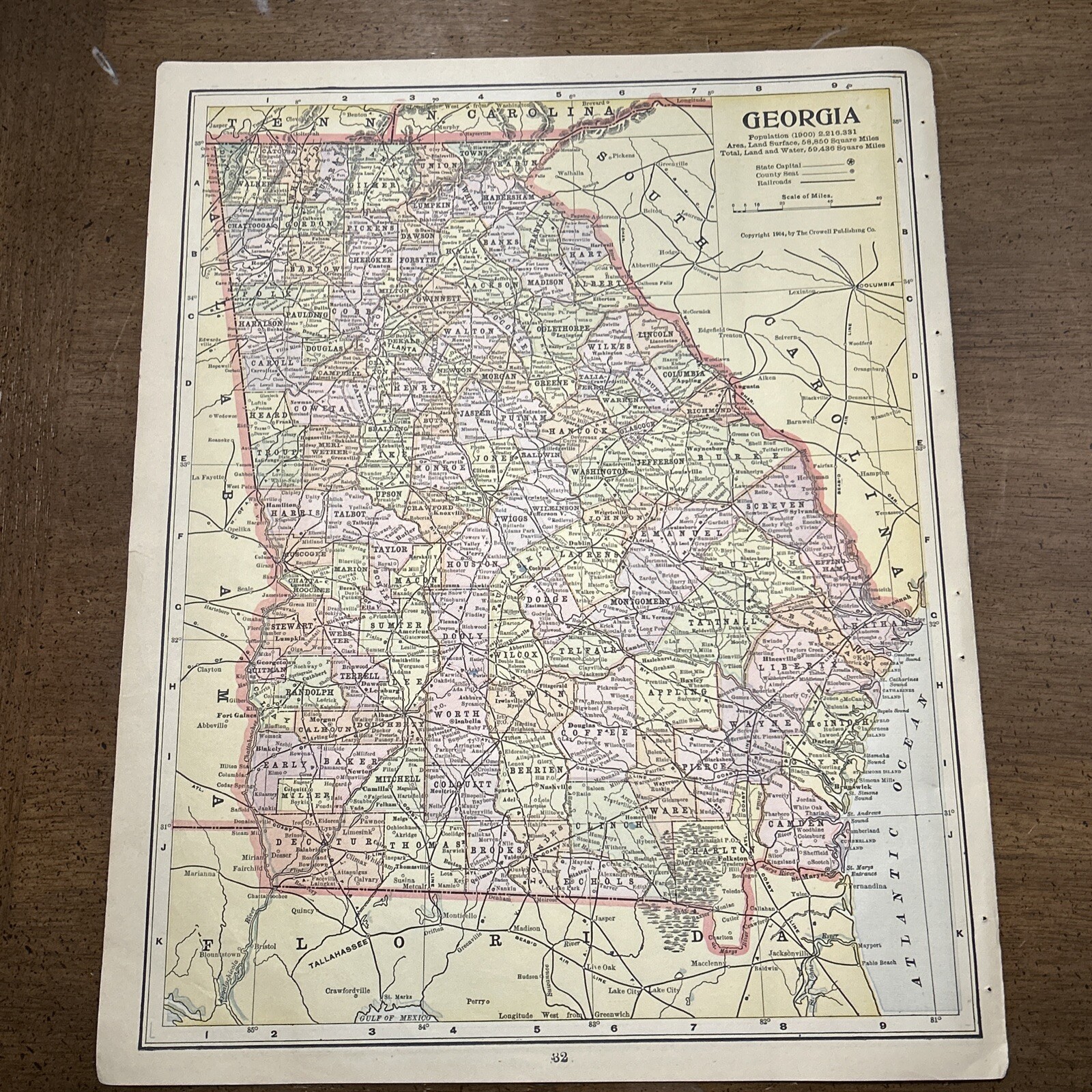 Antique Colorful 1908 Map Of Georgia 13.5 x 10.5 Inches