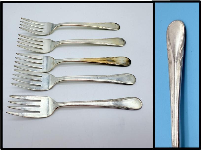 Set of 5 INTERNATIONAL SILVER / R.C.CO ARGYLE PLATE Silverplate 6″ Salad Forks