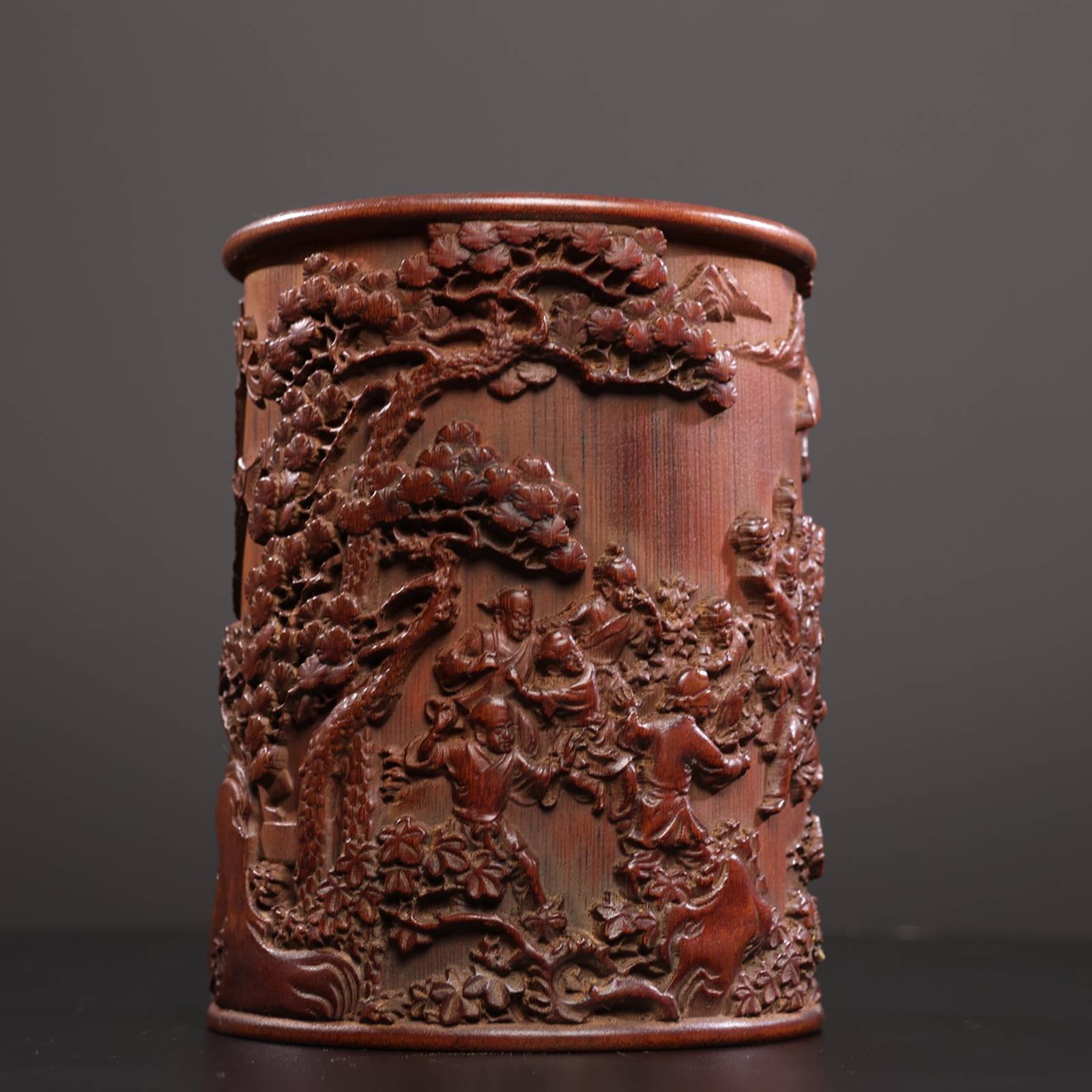 Chinese Natural Bamboo Hand-carved Hundred Boys Pattern Exquisite Brush Pot 5079