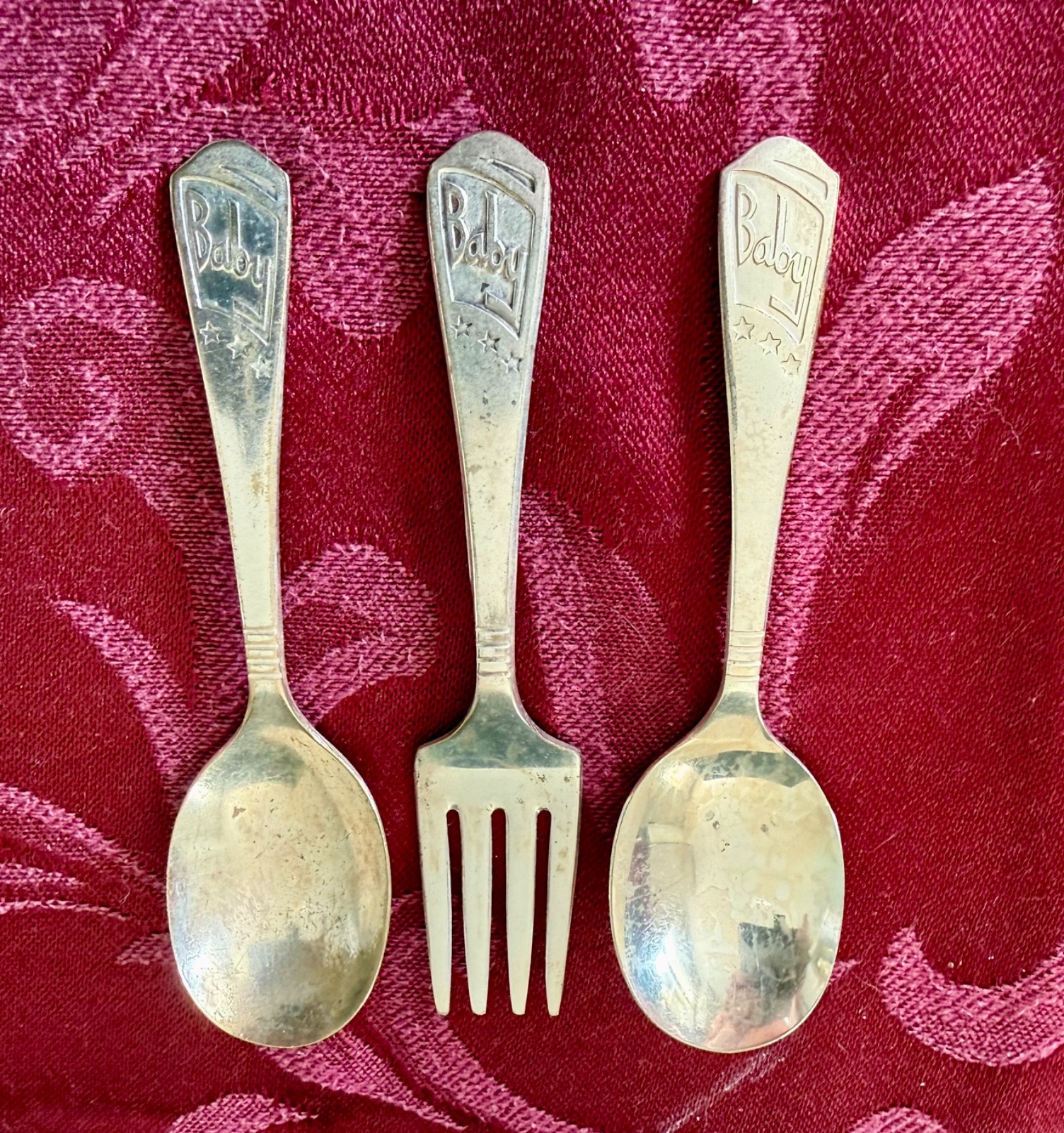 Vintage Imperial Silver Plate Baby Child Flatware Set Spoon Fork Stars