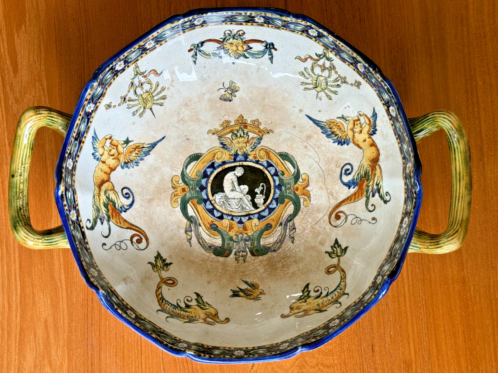 Antique Gien Faience Renaissance, Two-Handled French Bowl, Circa 1870-1880