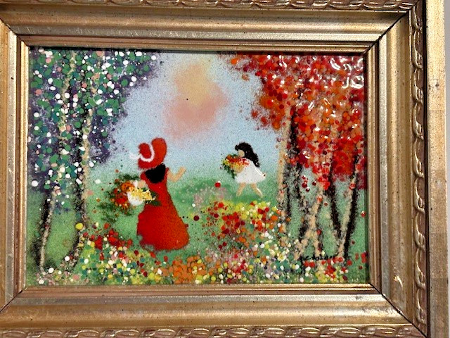 Mid-Century Modern MCM enamel on copper framed artwork signed Cardin