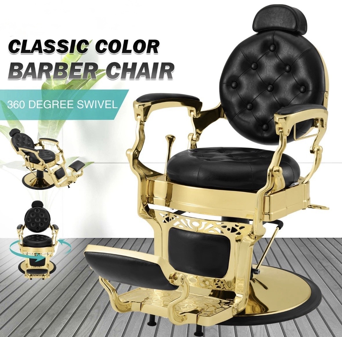 Vintage Barber Chair Heavy Duty Hydraulic Recline Salon Beauty Styling Gold blac