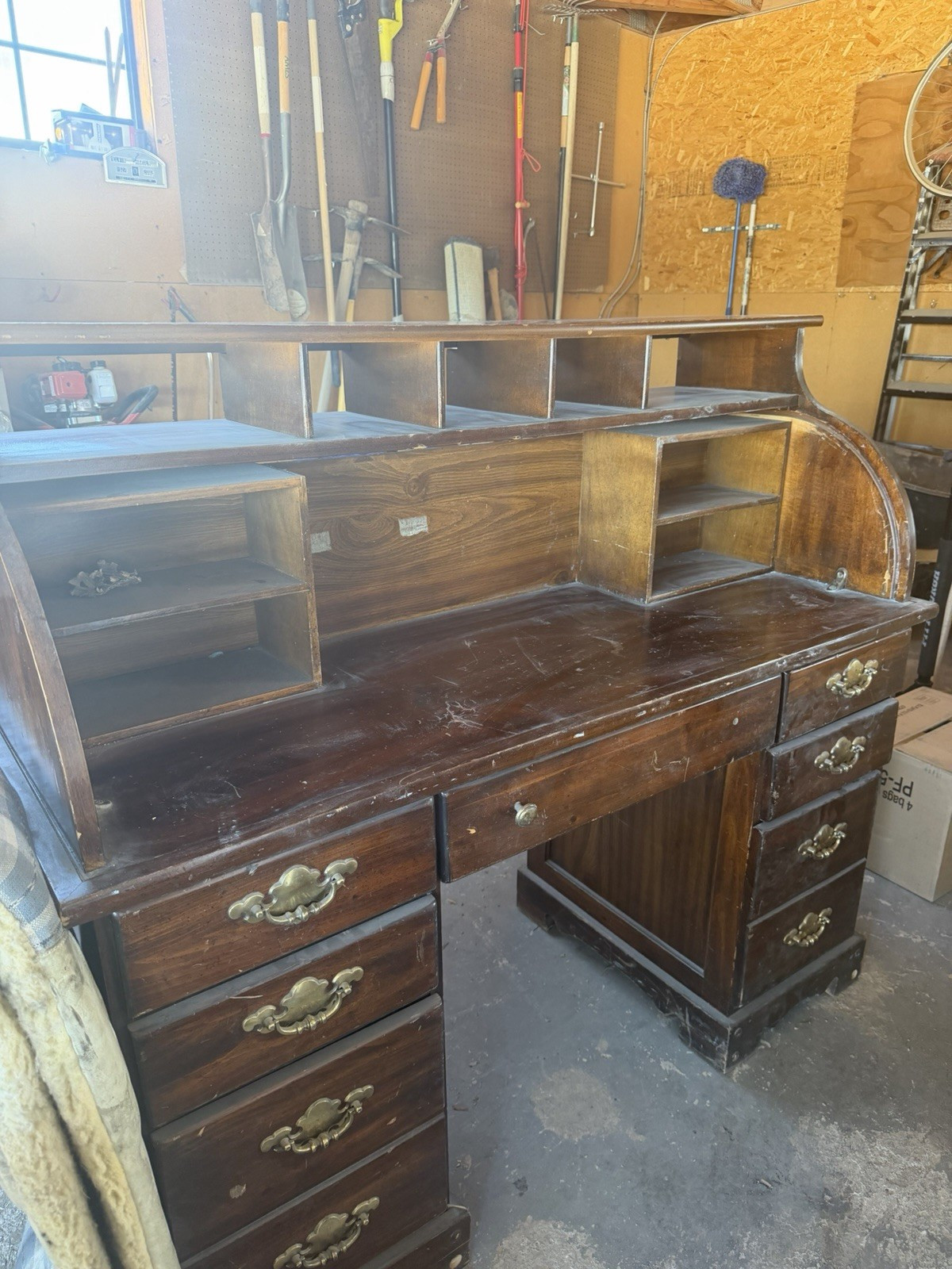 Brown Wood Roll Top Secretary Desk w/ Hutch Shelves, 9 Drawers, 60x30x30