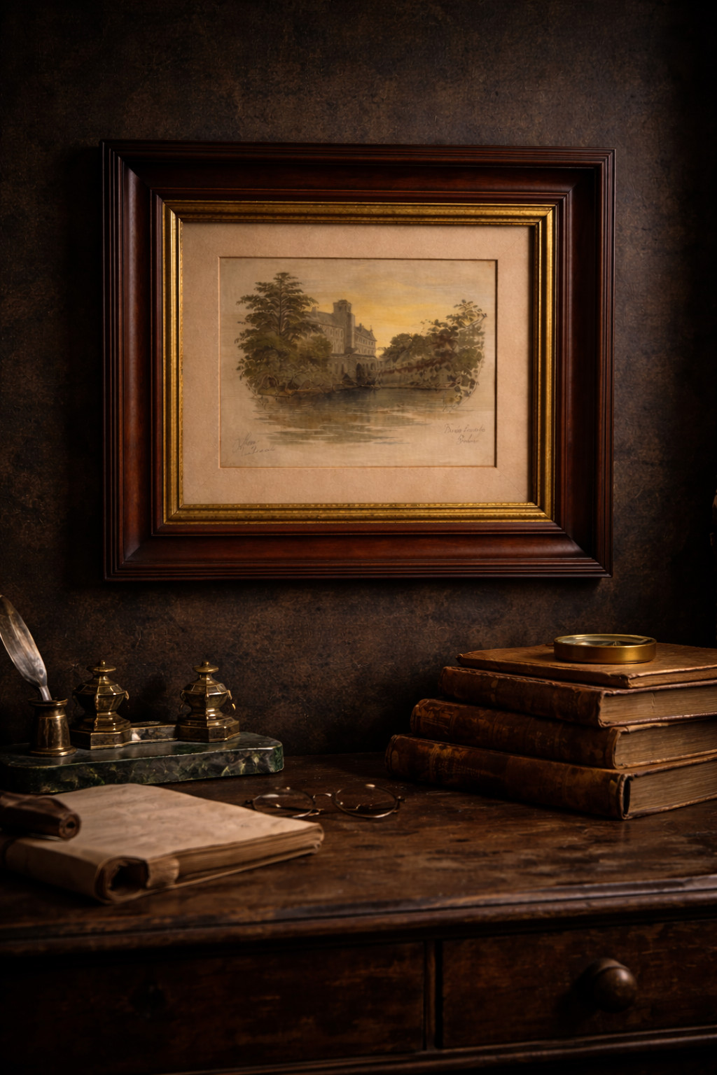 Framed Warwick Castle Print English Landscape Dark Academia Library Decor