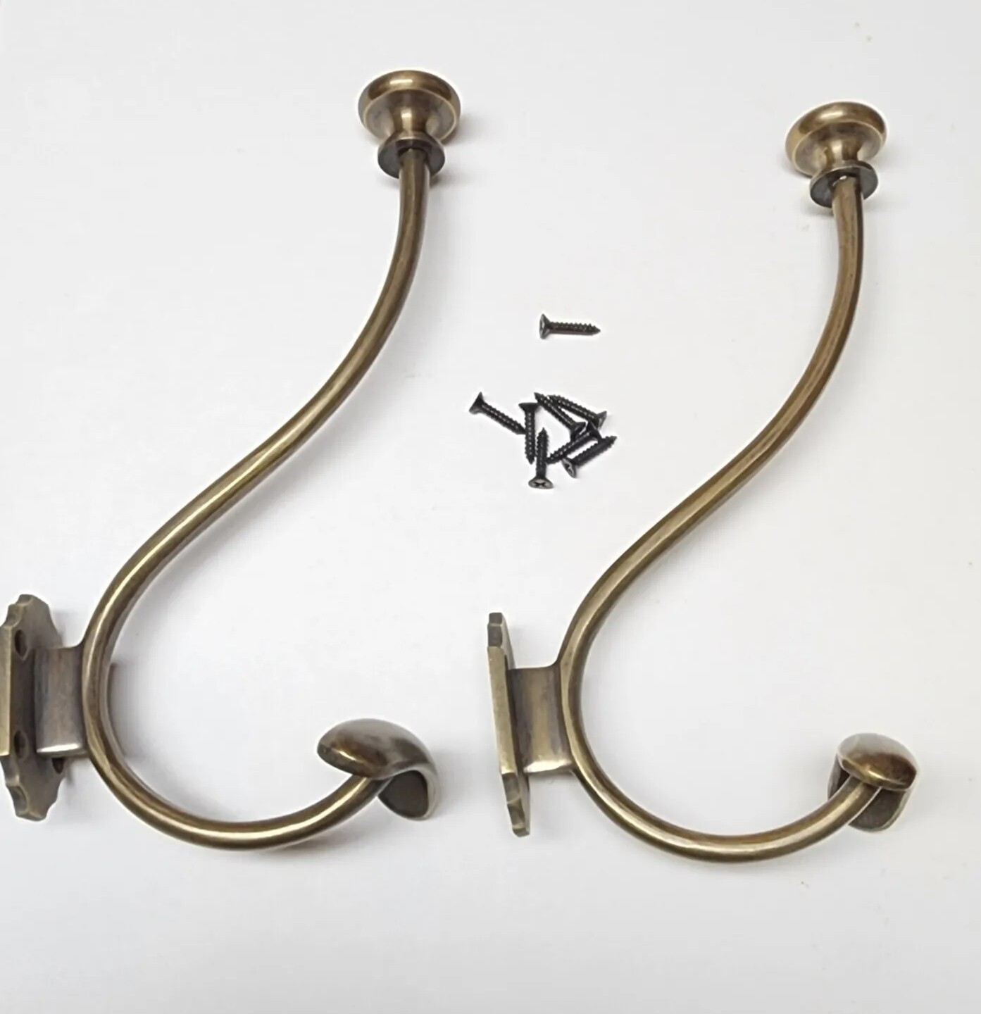 2 x Large Antique Style Solid Brass Wall Mount double Hook Coat / Hat Rack #Q10