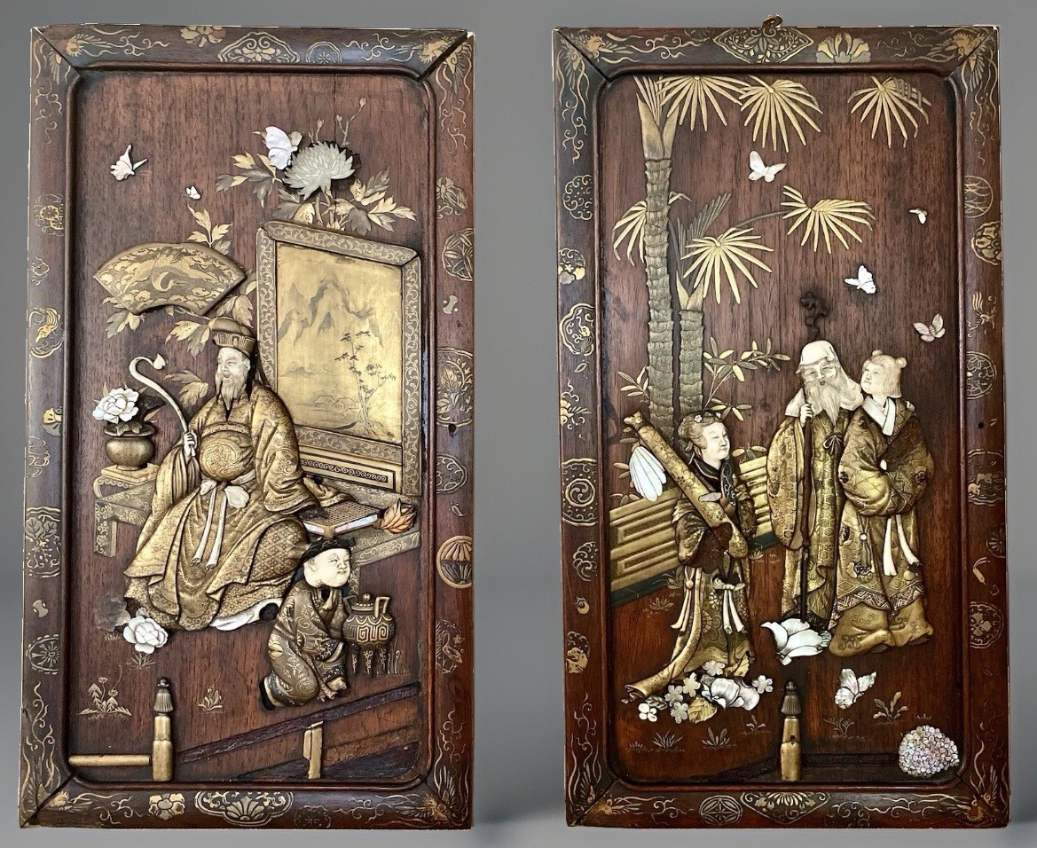 Exceptional Pair Meiji Shibayama Lacquer Panels 19″x10″– Double-Sided Maki-e