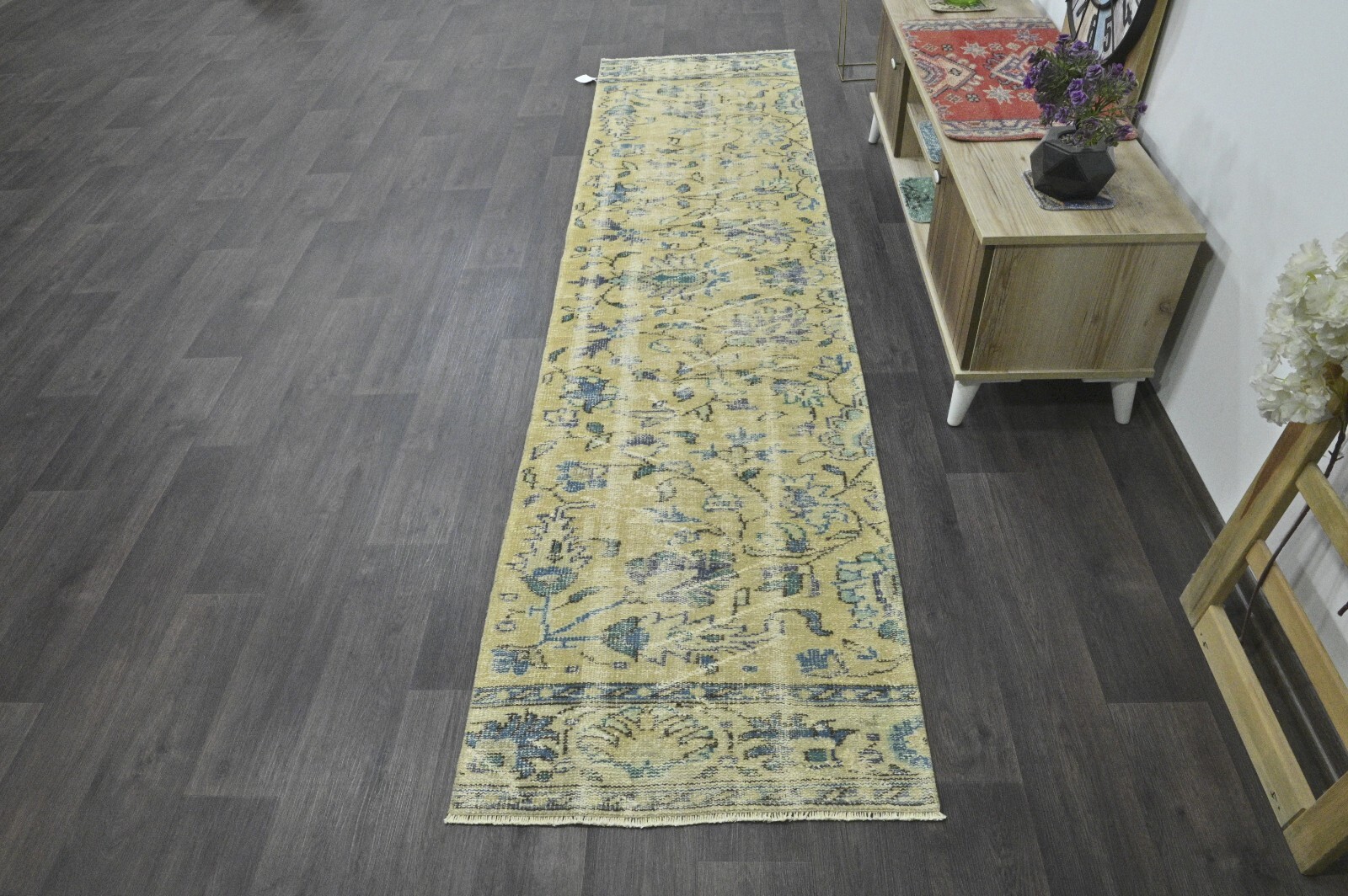 Vintage Turkish Runner Rug 2x10ft YELLOW Handmade Anatolian Oushak Hallway Wool