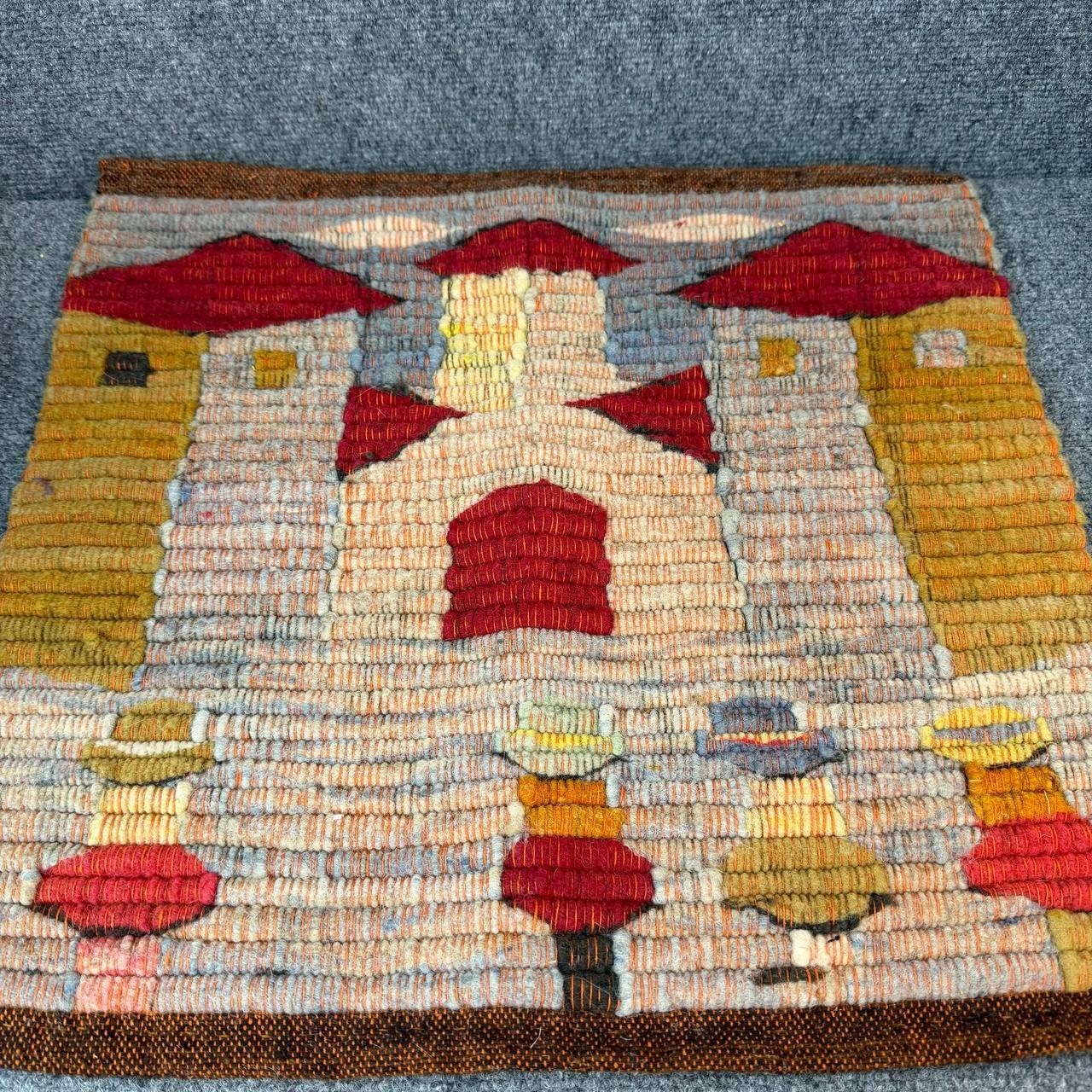 Vintage Handwoven Wool Wall Hanging Textile Houses Design 18×19 Inches