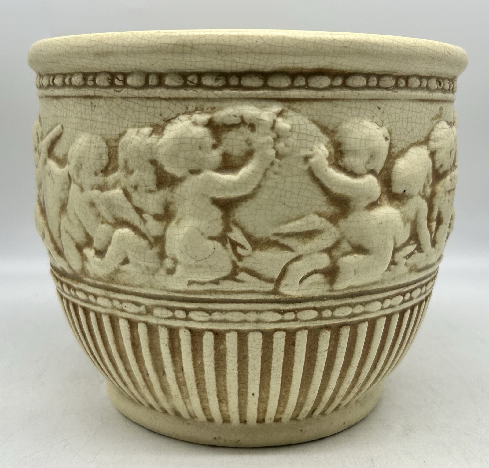 1915 Weller Art Pottery Fairfield Cherub Jardinière Pot Ivory Brown